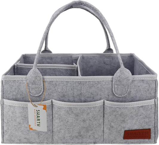 Sharth Baby Diaper Caddy Organizer with Upgraded Stitched Edges – Foldable Felt Nursery Organizer with Handle, Removable Dividers & 8 Outer Pockets, Portable Baby Shower Registry Gift (Gray)