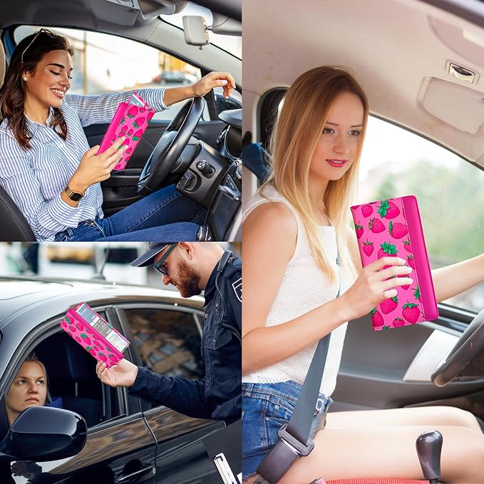 Car Registration and Insurance Holder with Magnetic Closure, Universal Document Organizer for License, Insurance Cards & Glove Box Storage (Strawberry-Hot Pink)