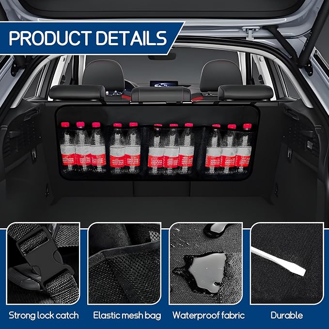 Car Trunk Organizer, Space Saving Backseat Hanging Storage with 4 Large Pockets, Super Capacity Vehicle Trunk Organizer Bag, Universal for Cars SUVs Trucks Vans, Car Accessories (Regular)