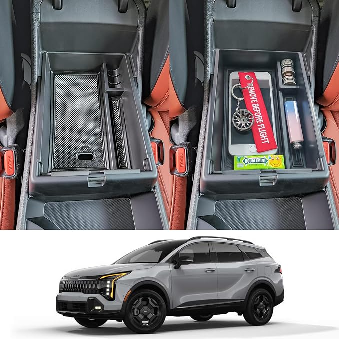TACORBO Center Console Organizer Compatible with Kia Sportage 2023 2024 2025 2026 NQ5 Accessories, 5th Generation Sportage Armrest Insert Tray Secondary Storage Box floor mats, ABS Material Black Line