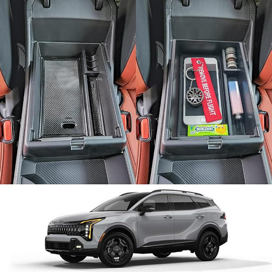 TACORBO Center Console Organizer Compatible with Kia Sportage 2023 2024 2025 2026 NQ5 Accessories, 5th Generation Sportage Armrest Insert Tray Secondary Storage Box floor mats, ABS Material Black Line