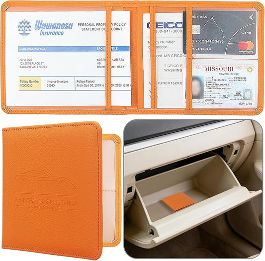 Car Registration and Insurance Holder, Premium Pu Leather Vehicle Glove Box Organizer - for Driver License, Cards & Essential Documents (S-Orange)