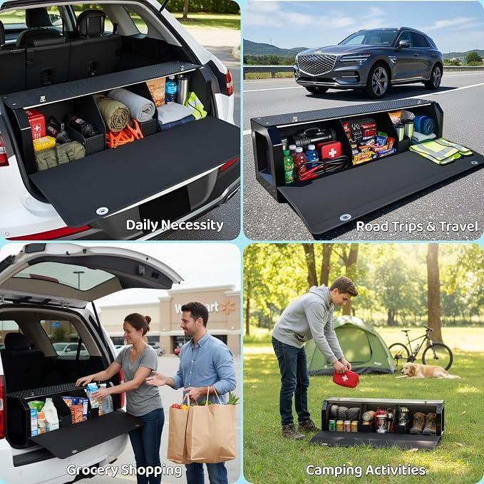 SUV Trunk Storage Organizer, Waterproof Leather Trunk Organizers and Storage with Lid & Push-Pull Handle, Sturdy SUV Cargo Organizer for Groceries (37 inch)