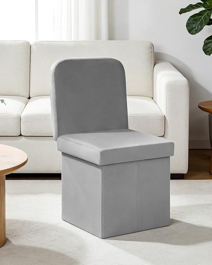 B FSOBEIIALEO Velvet Storage Ottoman with Seat Back, Folding Chair for Living Room, Room Organizer Storage Cubes, Toy Chest Storage Box (Grey, Medium)