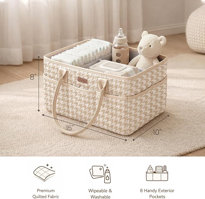 Konssy Quilted Diaper Caddy Organizer, Diaper Caddy Basket with PU Leather Handles, Water-Repellent Nursery Storage Basket, Portable Car Organizer, Registry Search Must Haves (Apricot Hound)