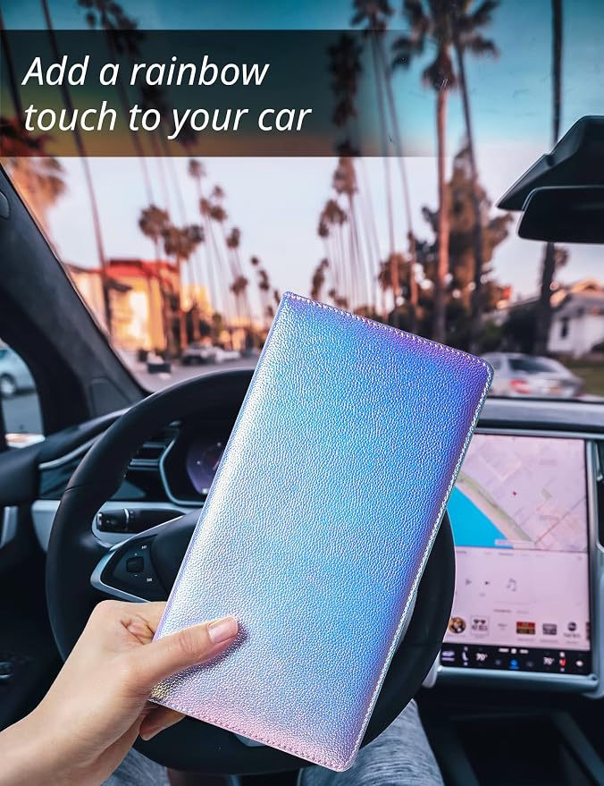 Mymazn Car Registration and Insurance Holder, PU Leather Glove Box Car Organizer with Magnetic Closure, Car Document Holder for Driver's License & Essential Documents (Iridescent blue)