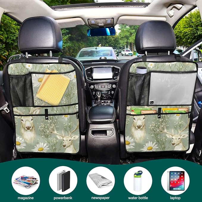 Sage Daisy Deer 2 Pack Backseat Car Organizer with Storage Pockets Seat Back Organizers for Kids Kick Mats Backseat Protector Automotive