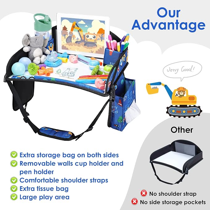 Kids Travel Tray for Airplane - Toddler Car Seat Table Tray, Road Trip Essentials for Boys & Girls, Carseat Lap Desk for Kids Road Trip Activities (Dark Blue Car)
