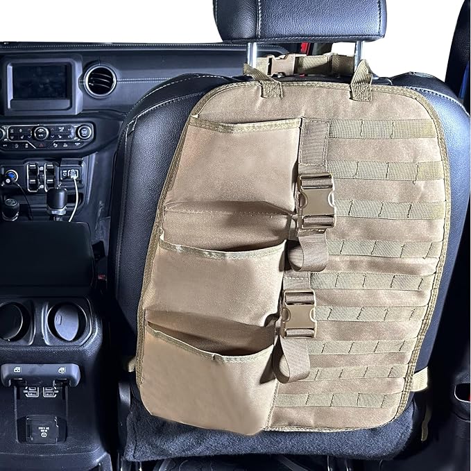SUNPIE 2 Pcs Seat Back Truck Gun Rack，Automotive Gun Racks with Molle Panel Universal Seatback Storage Pockets Tactical Car Seat Back Organizer for Hunting Accessories Storage,Khaki