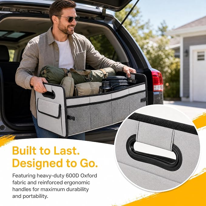 Car Trunk Organizer Basket with Front & Side Pockets | Foldable Waterproof Oxford Cloth for SUV & Truck | Durable Large Capacity Storage Box with Velcro Dividers & Secure Buckles（Grey）