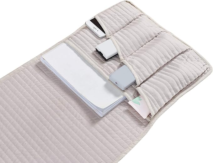 Brilliant Sunshine Light Beige Couch Armrest Organizer, 1/2" Channel Quilted, Armchair Caddy for Sofa Recliner, Washable Remote Control Holder, Storage for Magazine, Tablet, Phone, iPad (35"×13")