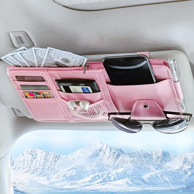 Keedolla Car Sun Visor Organizer, Truck Visor Organizer Car Sun Storage Pocket Pouch Case Bag for Sunglasses, Cards, Pens and Document - Pink
