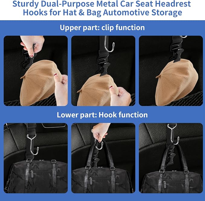 Car Seat Headrest Hooks, Adjustable Purse Hook for Car with Hat Clip, 100 LBS Heavy Duty Metal Headrest Hooks for Car to Hold Bags & Caps, Easy Install Backseat Organizer (2 Pack)