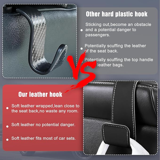 Leather Car Purse Hooks with Larger Strap Holder Purse Hook Purse Holder for car car seat Back Hooks Automotive seat Back Organizer headrest Hooks for Bags and Purse (Red, 2pcs)