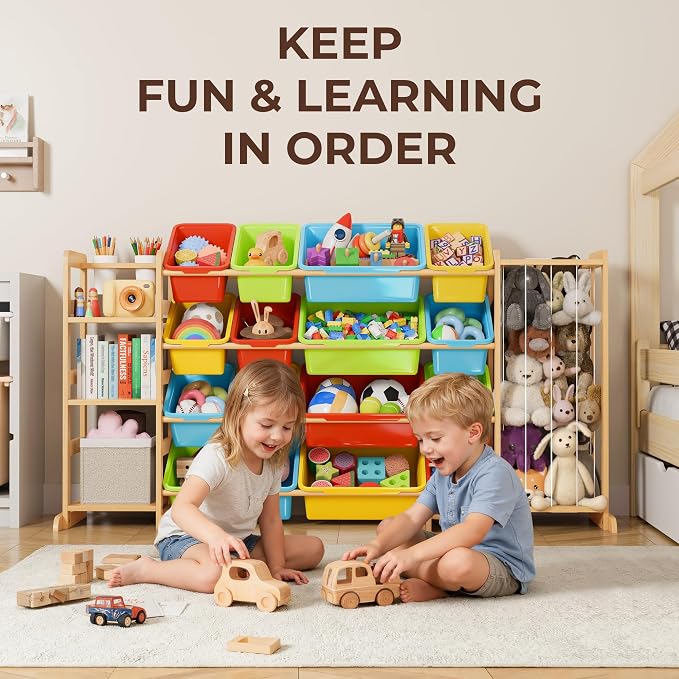 Toy Storage Organizer with Bookshelf and Stuffed Animal Storage - Playroom Organization with Shelves and 12 Bins - Living Room Box for Lego - Nursery Bedroom Decor Essential