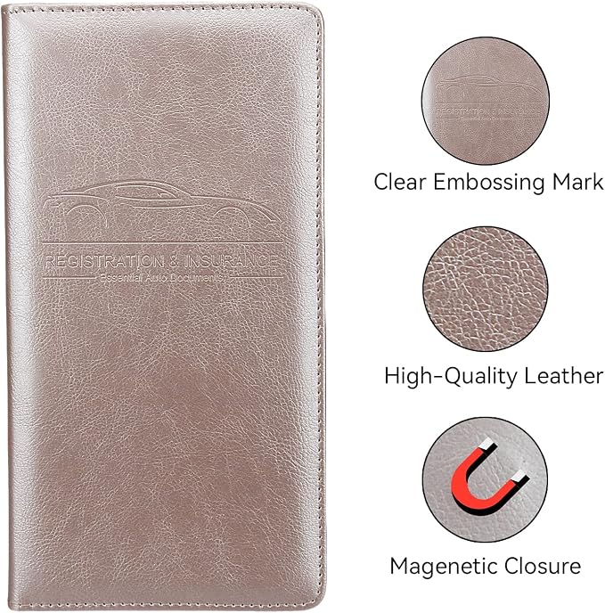 Car Registration and Insurance Holder, Premium Pu Leather Vehicle Glove Box Organizer - for Driver License, Cards & Essential Documents (L-Rose Gold)
