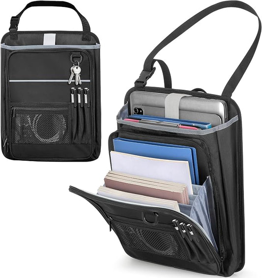 LUXJA Car Front Seat Organizer with Accordion File Pocket, Passenger Seat Organizer with Laptop Sleeve (Up to 15.6 In) and Adjustable Strap, Black