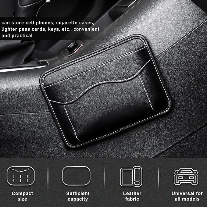 povtii 2 PCS Car Seat Side Pocket Organizer, PU Leather Cell Phone Sunglasses Storage Pocket, Mini Seat Gap Filler Pouch for Auto Seat Door Window Console, Interior Car Accessories (Black)