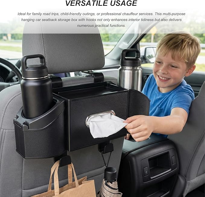 Car Backseat Organizer, 7-in-1 Auto Seat Back Drink Cup Holder Organizer with Tissue Box & Hooks, Multifunctional Vehicle Headrest Storage Box for Hold Phone Snacks Drinks (Gray)