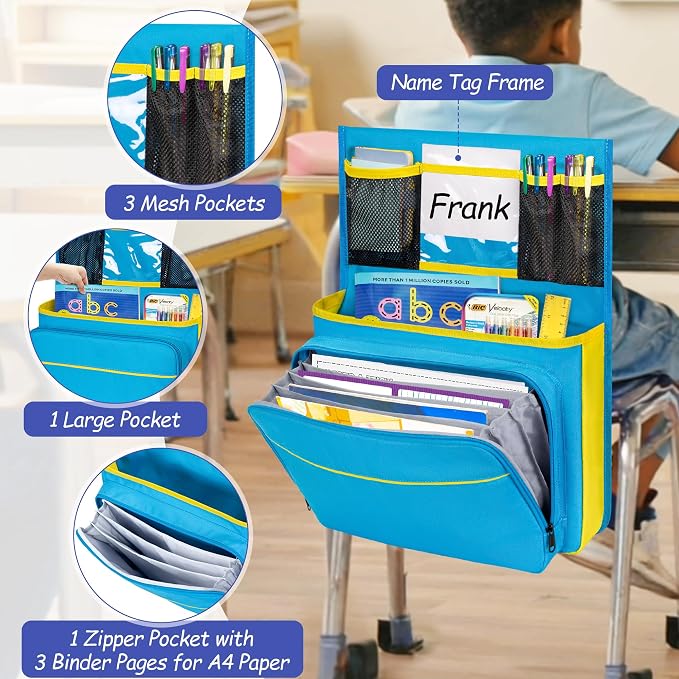 15” x 20” Chair Pocket for Classroom, 1 Piece Seat Sack, Chairback Buddy Organizer Pocket for School, Kindergarten with Name Tag, Mesh Pockets, Binder Pages Storage (Blue)