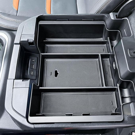 Center Console Organizer Compatible with 2019-2022 Chevy Silverado/Sierra 1500 and 2020-2023 Silverado/Sierra 2500HD 3500HD Accessories Armrest Full Size Tray,Full Console w/Bucket Seats ONLY,Black
