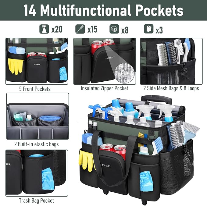 Ytonet XXL Cleaning Caddy with Wheels, Large Rolling Cleaning Caddy Bag with Detachable Trolley for Housekeepers, Water Resistant Cleaner Supplies Organizer with Wheels for Kitchen, Tool Organizer
