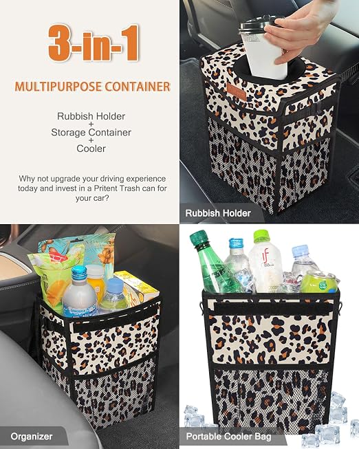 Pritent Car Trash Can with Lid, Cute Leakproof Car Trash Garbage Bag Hanging Vehicle Trash Bin Small Portable Automotive Garbage Cans Organizer for Back/Front Seat(Trapezoid,Leopard