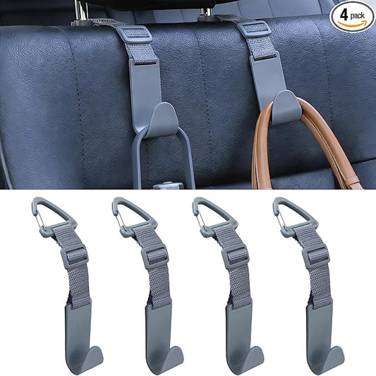 Adjustable 4-Pack Car Headrest Hooks - Universal Seat Back Organizer with Heavy-Duty Clip for Purses, Bags & Groceries Gray