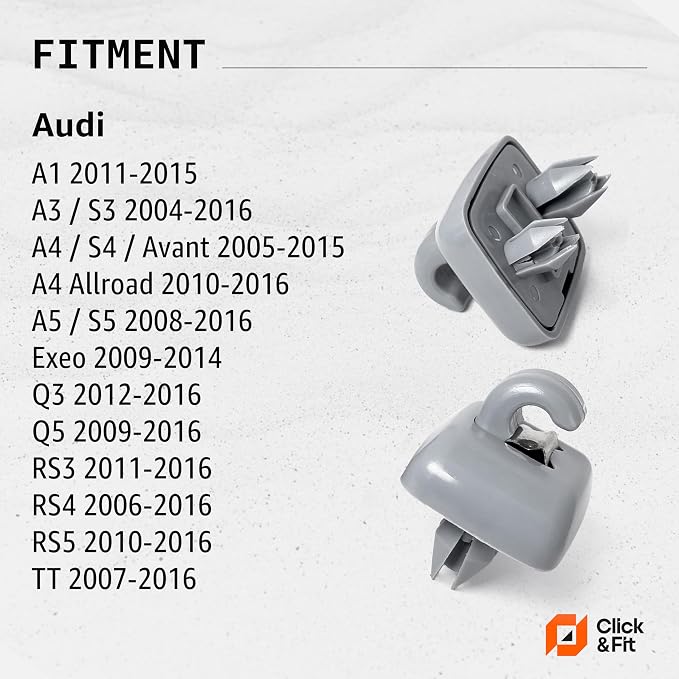 Click&Fit Sun Visor Clips for Audi A1 A3 A4 A5 Q3 Q5 TT 8U0857562A, Grey | Fits for A4 Q5 A5 A3 A1 Q3 TT. Grey Pair, Sunvisor Holders, replaces 8E0857562.