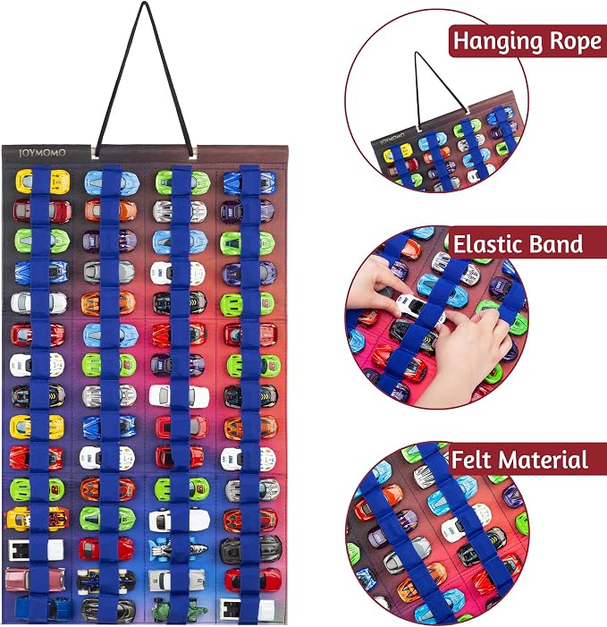 Hanging Storage Organizer for Toy Cars Felt Display Case Hold Up 60 Toy Cars (Without Accessories) (Colorful)