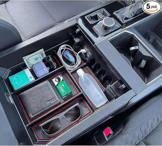 TOPINSTALL Red Full-Size Console Tray Compatible with 2022-2026 Toyota Tundra / 2023-2026 Sequoia Accessories Armrest Storage Box Tray with Anti-Slip Inserts (Not for the Console with Safe)