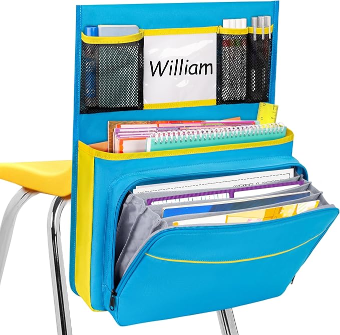 15” x 20” Chair Pocket for Classroom, 1 Piece Seat Sack, Chairback Buddy Organizer Pocket for School, Kindergarten with Name Tag, Mesh Pockets, Binder Pages Storage (Blue)