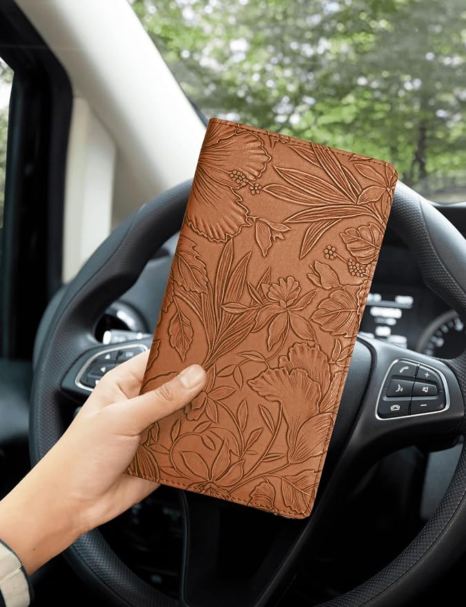Mymazn Car Registration and Insurance Holder, PU Leather Glove Box Car Organizer with Magnetic Closure, Car Document Holder for Driver's License & Essential Documents (Floral Brown)