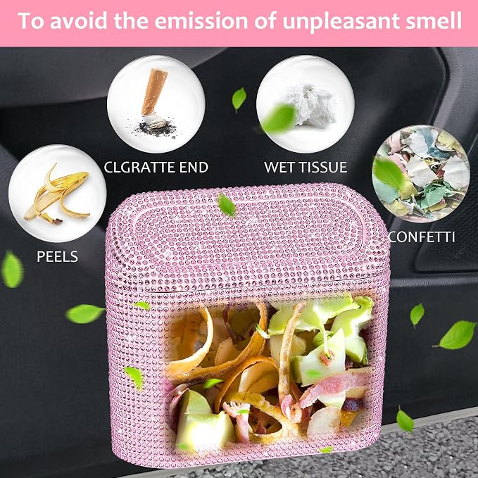 Accmor Bling Car Trash Can with Lid, Leak-Proof Mini Vehicle Trash Bin Automotive Dustbin Organizer Storage, Sparkling Crystal Trash Bag Container with 30pcs Garbage Bags for Car, Home, Office (Pink)