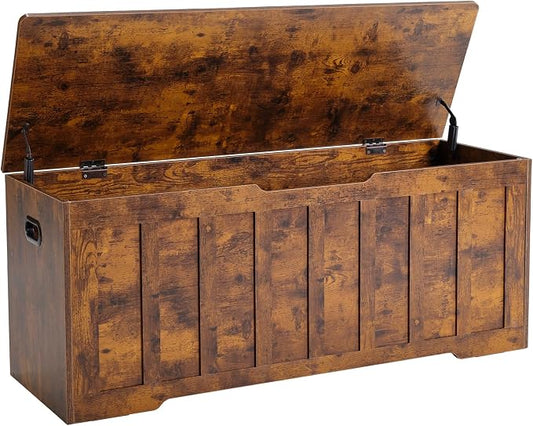 DUMOS 47.2" Extra Large Wooden Storage Chest Trunk Bench with Gel Safety Hinges, 150lbs Heavy Organizer, U-Cut Handles, Non-Slip Base, Bedroom Living Room Entryway, Rustic Brown