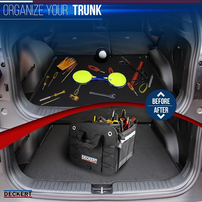 Deckert 61L Car SUV Trunk Organizer, 600D Oxford Polyester, Collapsible, Multi compartments, Securing straps, Suitable for any car type, Black with Reflective Stripes