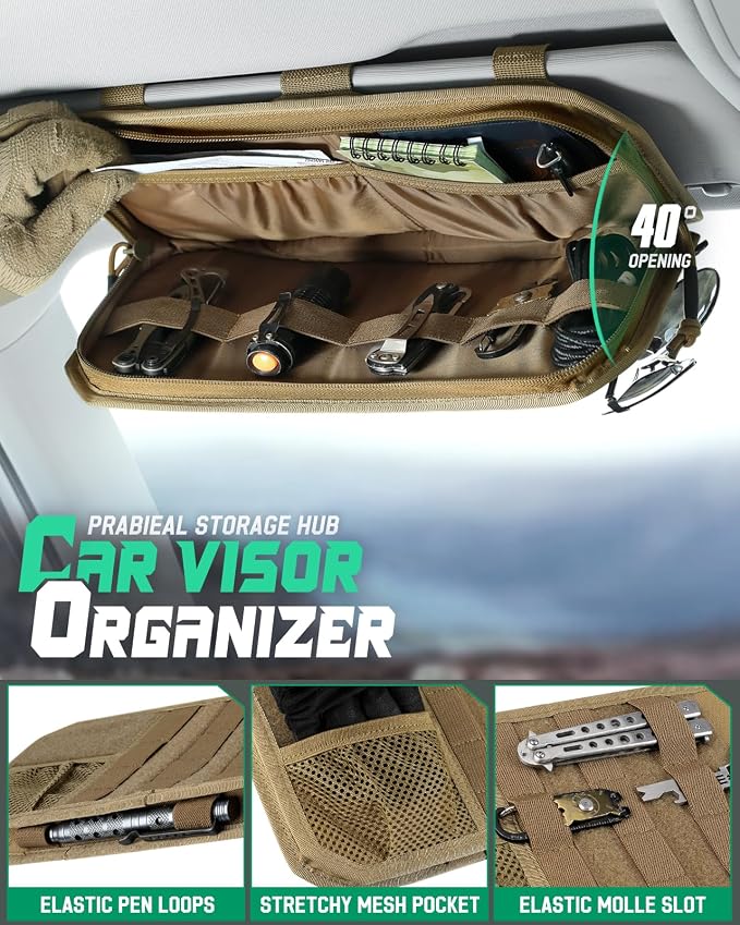 LIVANS Tactical Car Sun Visor Organizer, Auto Accessories Semi-Rigid Molle Panel with Zipper Storage Pouch & Glasses Holder, Gift for Car Gear, Fit Cars, Trucks, Suvs, Jeeps & Patrols (Khaki)