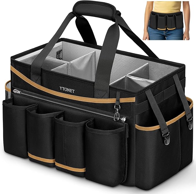 Ytonet Cleaning Caddy Bag with Detachable Apron, Extra Large Cleaning Supplies Organizer with Foldable Dividers, Portable Cleaner Tote with Handle, Cleaner Caddy for Housekeeper, Detailing Bag, Black