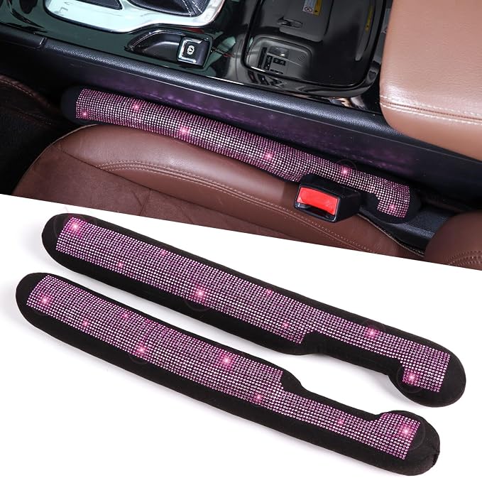 ToBeQueen Bling Pink Car Sear Gap Filler 2 Pack Universal Fit for Car SUV Truck, Handmade Crystal Rhinestone Diamond Car Seat Gap Plug Filler Pink Bling Car Accessories for Women(Pink)