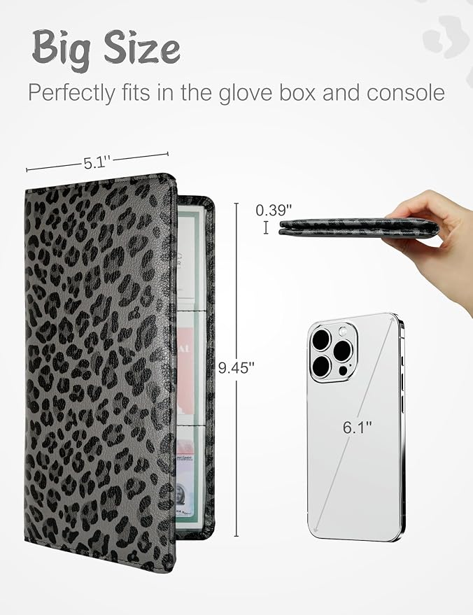 Mymazn Car Registration and Insurance Holder, PU Leather Glove Box Car Organizer with Magnetic Closure, Car Document Holder for Driver's License & Essential Documents (Grey Leopard)