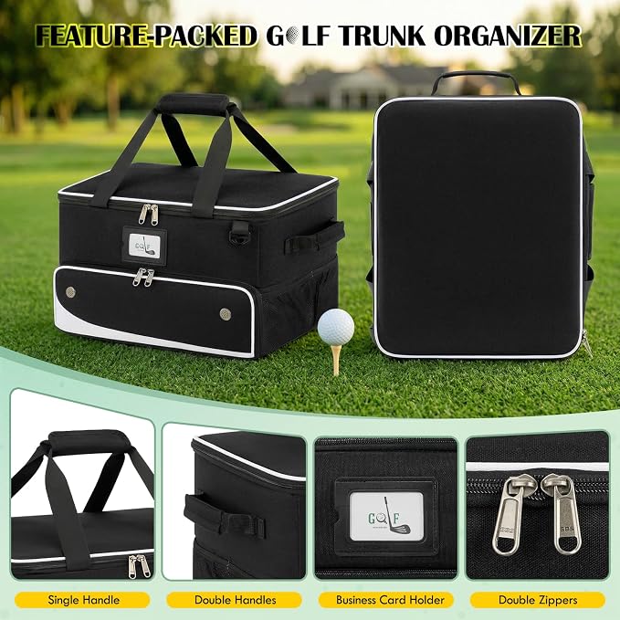 RAINSMORE Golf Trunk Organizer Golf Bag Organizers Golf Shoe Bag with Separate Ventilated Compartment for 2 Pair Shoes Golf Accessories for Balls, Gloves, Clothes