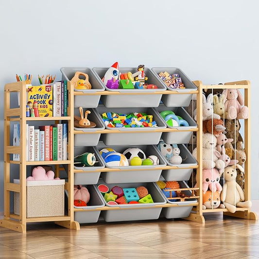 Toy Storage Organizer with Bookshelf and Stuffed Animal Storage - Kids Playroom Organization with Shelves and 12 Toy Bins - Toddler Living Room Toy Box for Lego - Nursery Bedroom Decor Essential