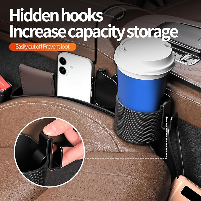 Car Seat Gap Filler Organizer, 2PCS Car Seat Gap Plug with Storage Slot, 3-in-1 Seat Gap Filler with Cup Holder & Hooks, Car Interior Organizer for Sedans SUVs Trucks, Black (2)