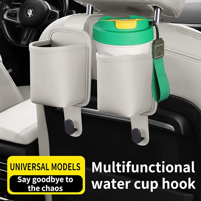 2-Pack Car Seat Back Cup Holder Organizer, White | Faux Leather, With Hooks, Universal Backseat Storage, For Drinks, Bottles & Travel Accessories