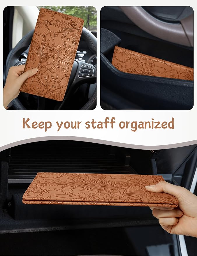 Mymazn Car Registration and Insurance Holder, PU Leather Glove Box Car Organizer with Magnetic Closure, Car Document Holder for Driver's License & Essential Documents (Floral Brown)