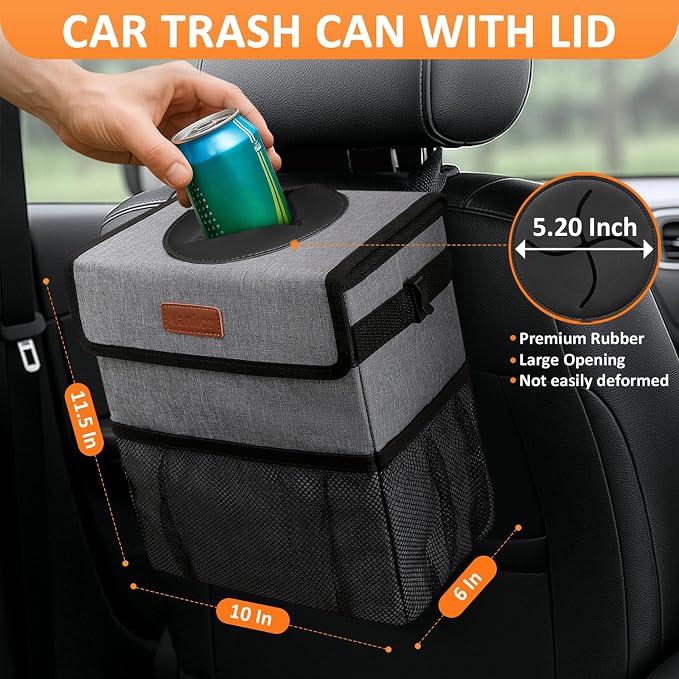 Vankor 3 Gallons Car Trash Can with Lid, Car Trash Bag Bin Hanging Waterproof Automotive Garbage Cans Leak Proof Vehicle Can Grey