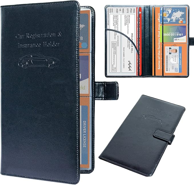 DMLuna Car Registration and Insurance Holder, Leather Vehicle Card Document Glove Box Organizer, Auto Truck Compartment Accessories for Essential Information, Driver License Cards, Black