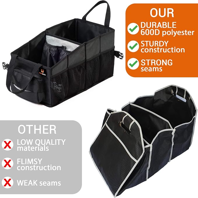 FoxBox Car Seat and Trunk Organizer, SUV Front or Back Seat Storage - Passenger Floor, Under or Between Seats Organization, Car Gifts for Men and Women (Black)