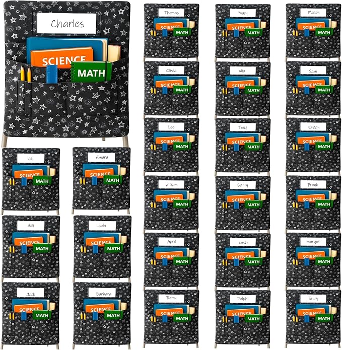 25 PCS Chair Pockets for Classroom Chairs, 15"W x 19"H Seat Sacks with 5 Pockets, Durable 600D Oxford Student Chair Bag Organizer with Name Tag Slot for K-5 Kindergarten School, Black