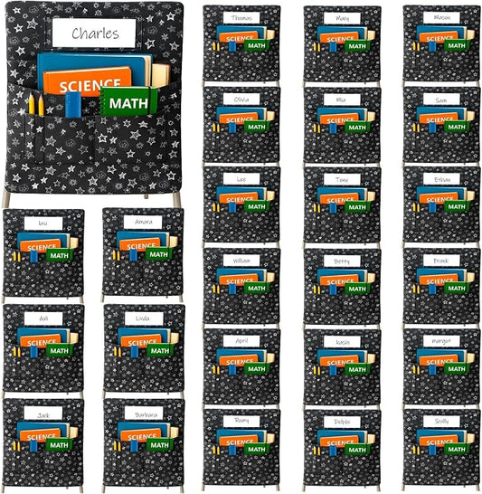 25 PCS Chair Pockets for Classroom Chairs, 15"W x 19"H Seat Sacks with 5 Pockets, Durable 600D Oxford Student Chair Bag Organizer with Name Tag Slot for K-5 Kindergarten School, Black